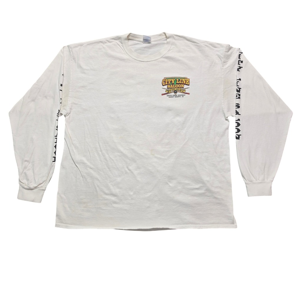 Vintage Style City Line Saloon Biker Long Sleeve Shirt Mens 2XL White Tee